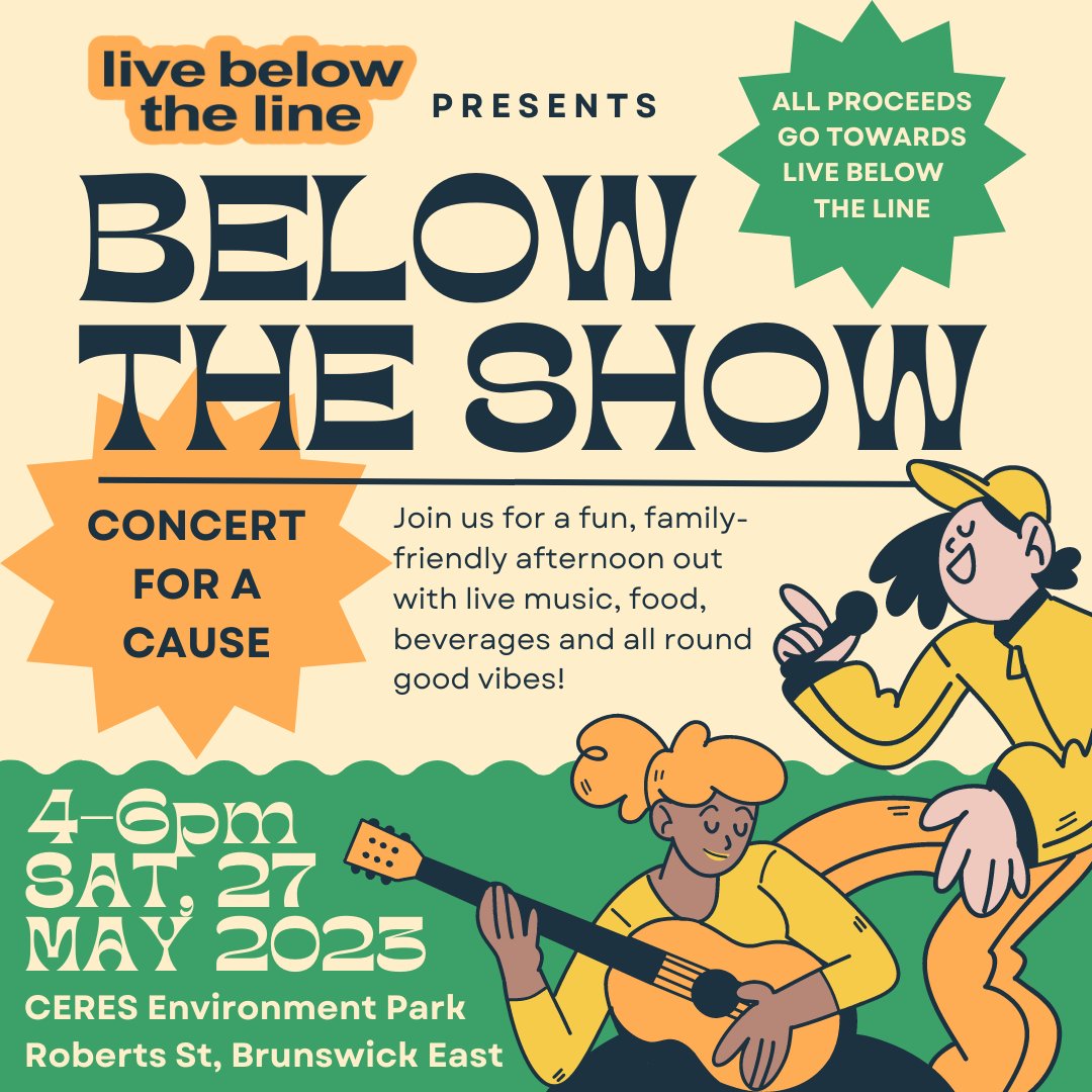 lblaus's tweet photo. Feeling in need of a boogie 🕺🏻? Want to help tackle poverty and inequality? Then we think you'll love our next event: Below the Show! 🎸🎵🎉

📆 Saturday 27th of May 2023
🕛 4pm-6pm
📍CERES Brunswick

You can purchase tickets now!
https://t.co/dyFNo6WxNz https://t.co/AOiM1ewDdv