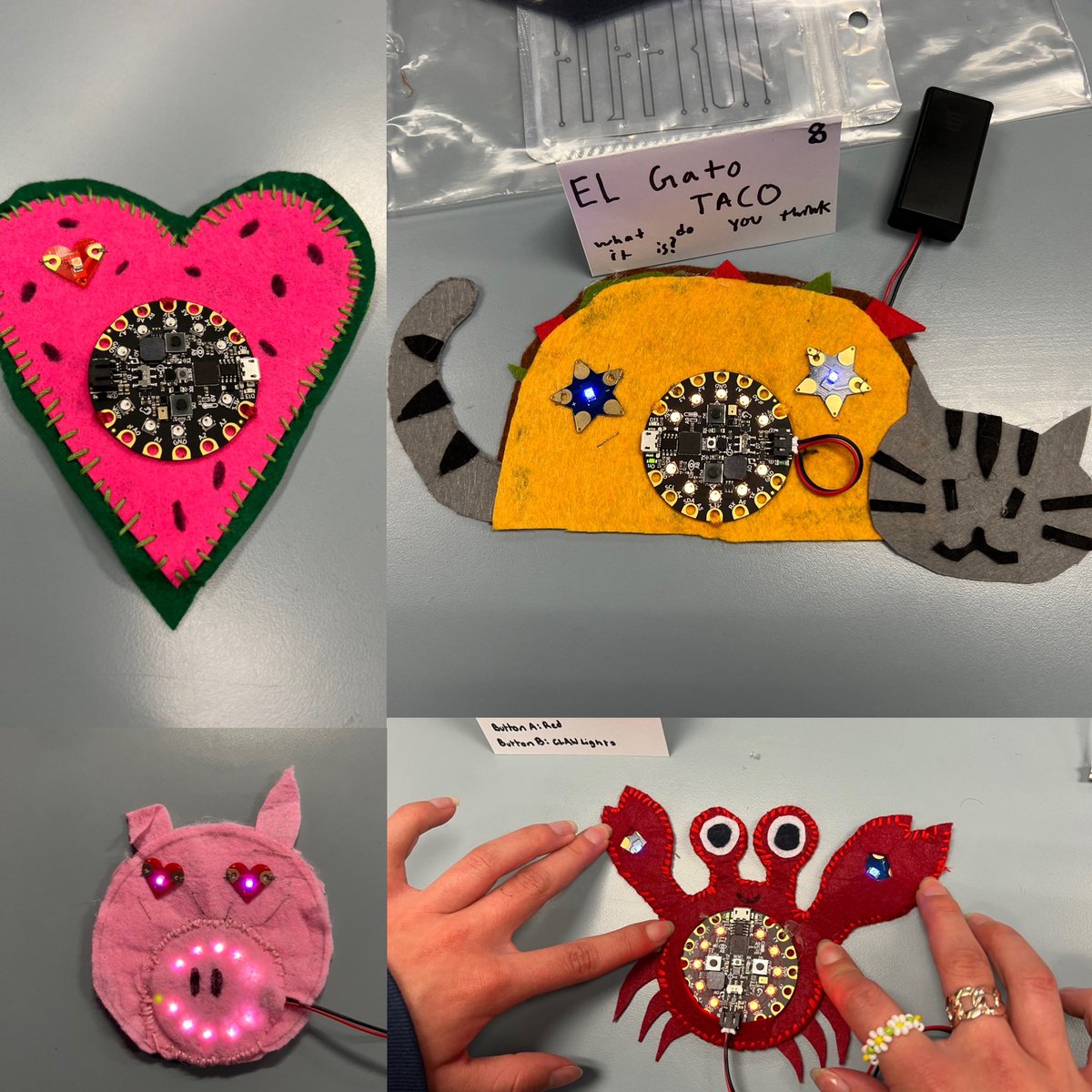 Four amazing projects made by my 8th graders #computerscience I taught them to sew, how to connect circuits, and how to program them. <a href="/EHMSBobcats/">@Edna Hill Principal</a> #WeAreBUSD I am loving the CPX <a href="/adafruit/">adafruit industries</a> combined with <a href="/teknikio/">Teknikio</a> #STEMeducation