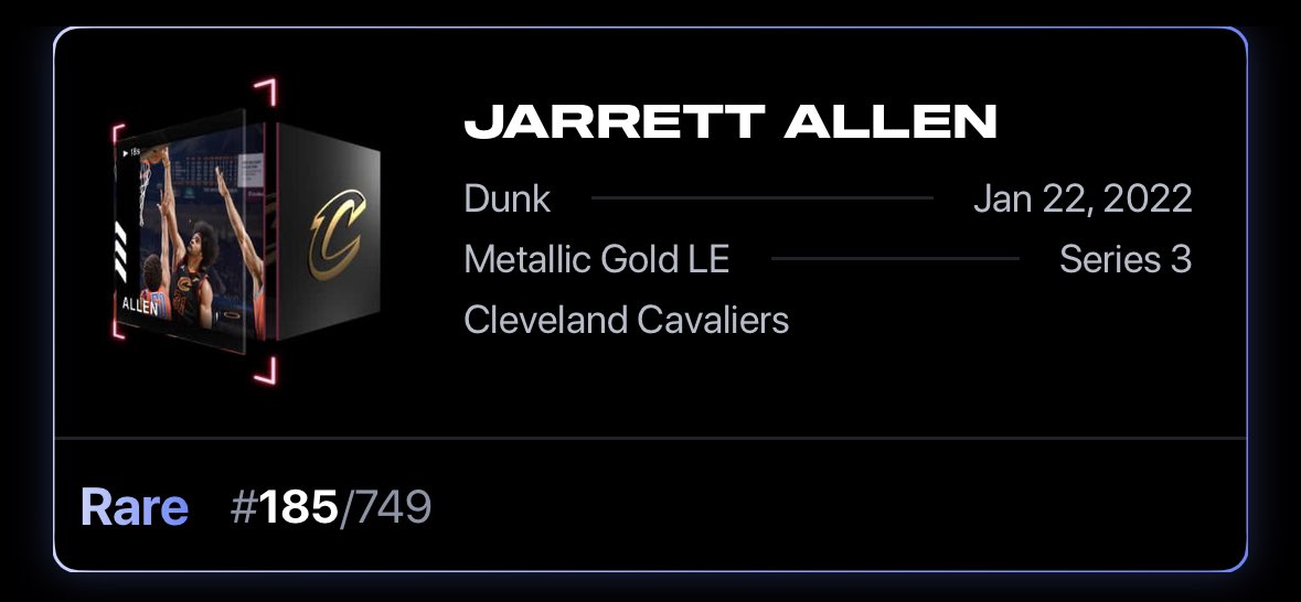 <a href="/NBATopShot/">NBA Top Shot</a> and the <a href="/packaliers/">Cleveland Packaliers</a> have treated me well, time to try a Twitter giveaway! Up for grabs is a Jarrett Allen MGLE S3 #185! To enter:
❤️Like 
✅Retweet
Follow me and <a href="/packaliers/">Cleveland Packaliers</a>! 
Ends at 10pm ET tomorrow 5/6! Don’t forget to jump in the discord if you have a Cavs set!