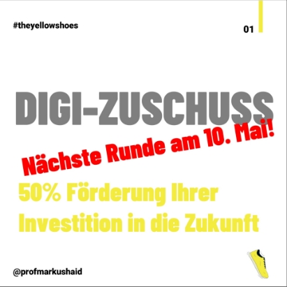 #DIGIZUSCHUSS geht am 10. Mai 2023 um 9 Uhr in die nächste Runde. Nutzen Sie diese Gelegenheit, um Ihre #Digitalisierungsvorhaben mit Unterstützung des #DIGIZUSCHUSS umzusetzen. Wenn Sie Fragen haben, kontaktieren Sie mich gerne direkt. #theyellowshoes