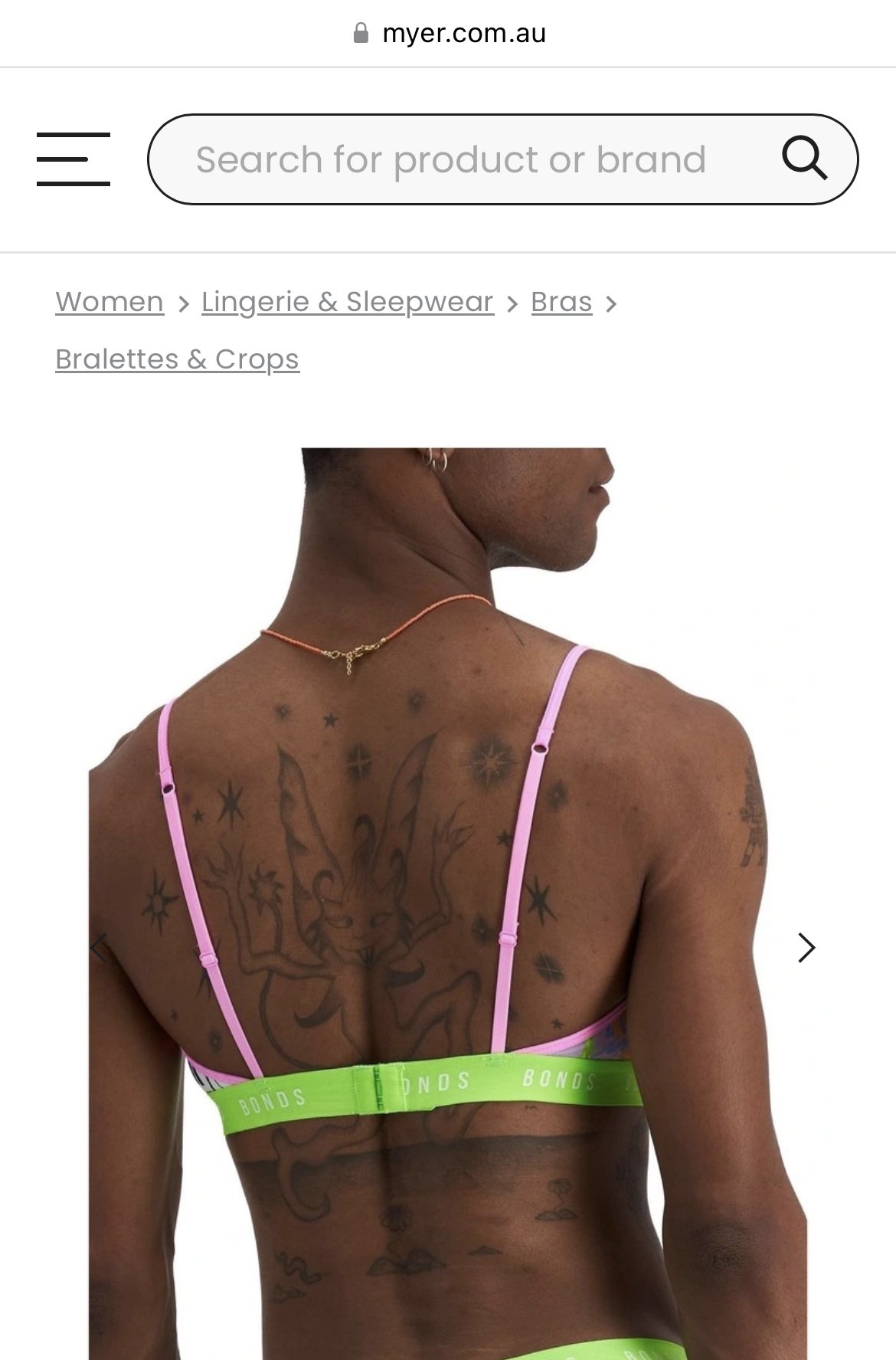 Jo on X: This is currently on the @myer website under women's bras. Men  are not women. @BondsAus & Myer have lost my business unless they remove  the images and cease the