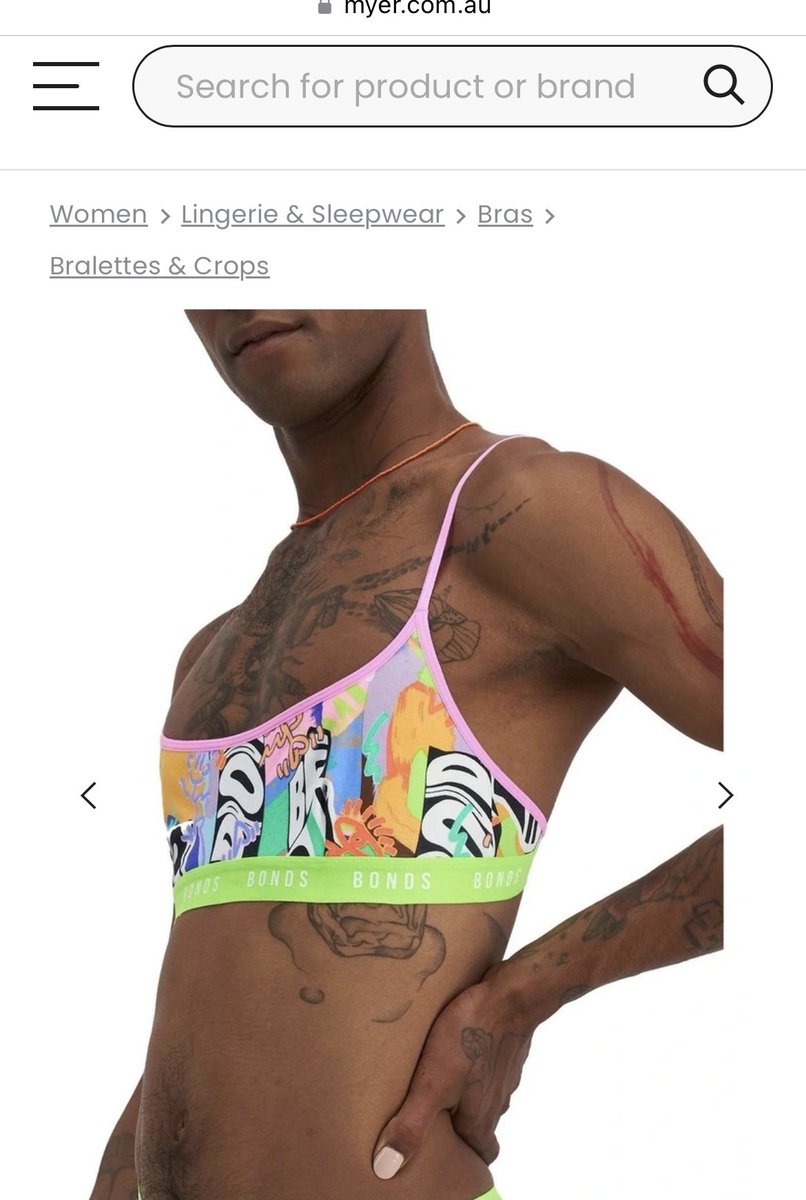 joanneharris_'s tweet photo. This is currently on the @myer website under women’s bras.
Men are not women.
@BondsAus & Myer have lost my business unless they remove the images and cease the promotion of campaigns with men larping as women.
#notbuyingit #everydaysexism
#LetWomanSpeak #SupportRealWomen https://t.co/BaimFLb3RD