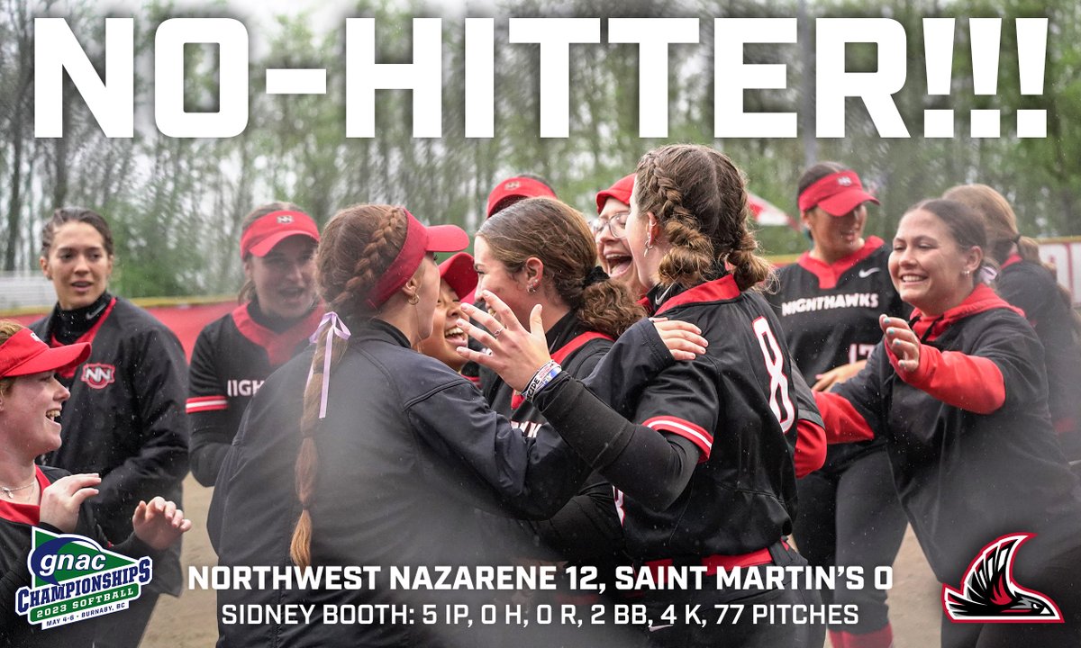 NNUSports's tweet photo. NO-HITTER!!!

Sidney Booth tosses the fourth no-hitter in NNU history and second in GNAC Championships history as the Nighthawks rout Saint Martin's 12-0 to advance to Saturday's GNAC Championships Final! https://t.co/VQG40cZxmN