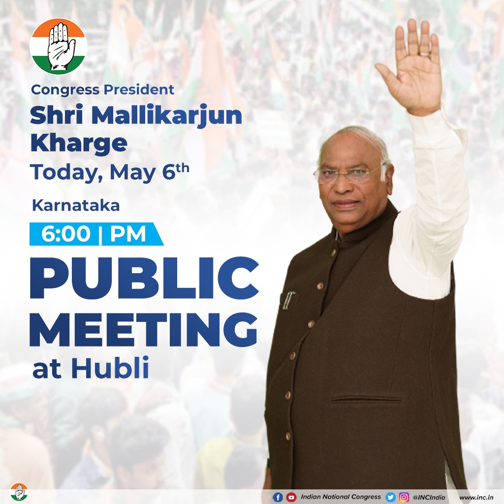 Today, the Congress President Shri <a href="/Kharge/">Mallikarjun Kharge</a> is scheduled to attend a highly-anticipated public meeting in Hubli.

Stay tuned to our social media handles for live updates.

📺: x.com/INCIndia

📺: facebook.com/IndianNational…

📺: instagram.com/incindia/
