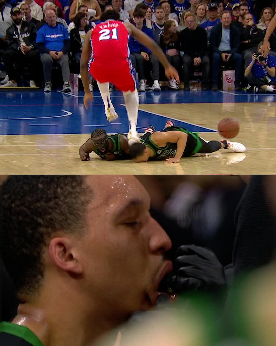 espn's tweet photo. Joel Embiid accidentally stepped on Grant Williams head while he was on the ground.

Williams would stay in the game. https://t.co/sembOLJbxI