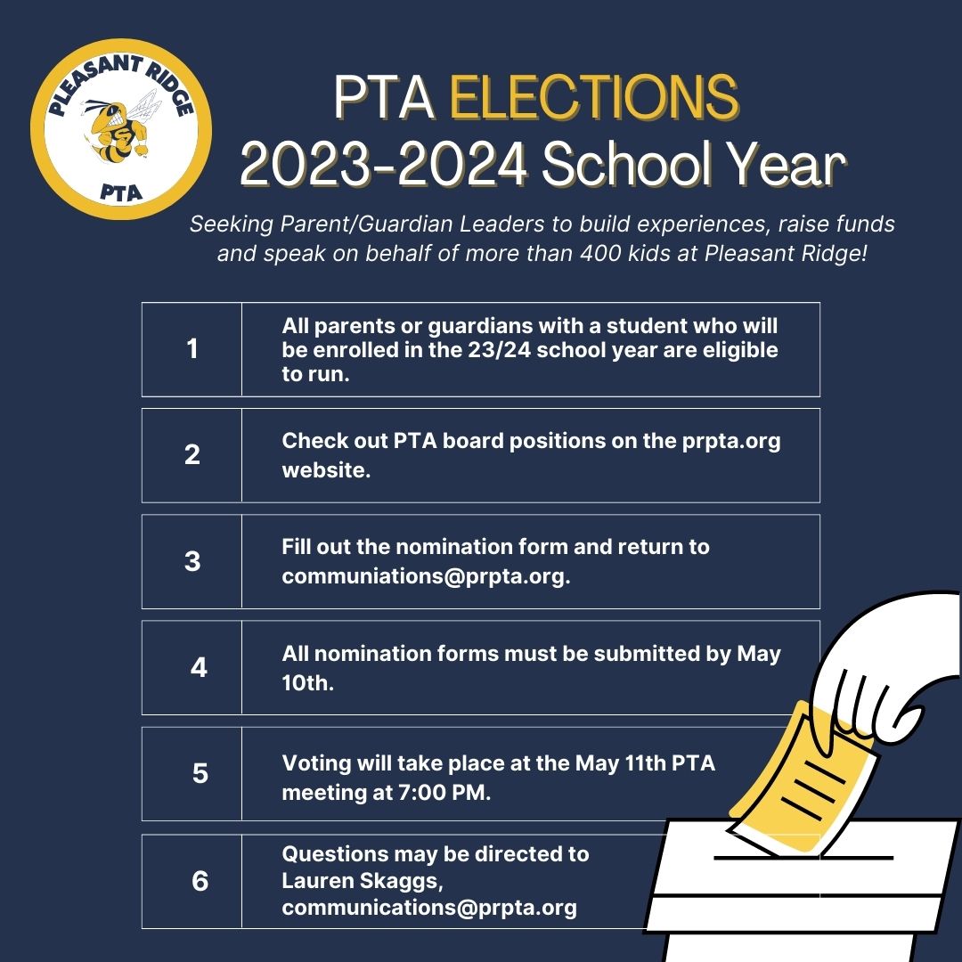 The PR PTA is searching for parent/guardian leaders! Tomorrow is the last day to submit a PTA board nomination for the 2023-2024 school year! Visit prpta.org for board positions and nominations form.