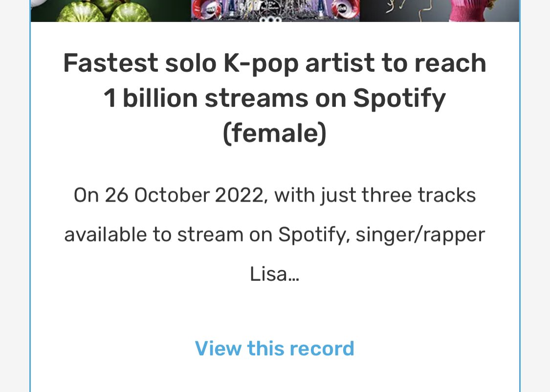 FanBlackpinkfrr's tweet photo. Félicitations à #LISA pour avoir établi 2 NOUVEAUX RECORDS DU MONDE GUINNESS (@GWR) 🥳

🏆 L'artiste féminine K-pop solo la plus rapide à atteindre 1 Md de streams sur Spotify 

🏆 1er ALBUM d'un artiste solo K-pop à atteindre 1 Md de streams sur Spotify (2 titres) 

@BLACKPINK https://t.co/VCFWjgozG2