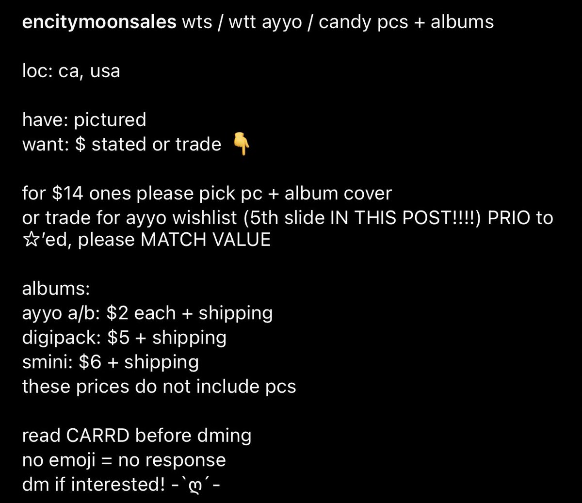 encitymoonsales's tweet photo. wts / wtt nct 127 ayyo / dream candy pcs + albums

loc: ca, usa 

want: $ stated or -

for $14 ones please pick pc + album cover or trade for ayyo wishlist
PRIO to ☆’ed, please MATCH VALUE

read CARRD before dming 
no emoji = no response 
dm if interested! -`ღ´- https://t.co/VBwdTAEhY7
