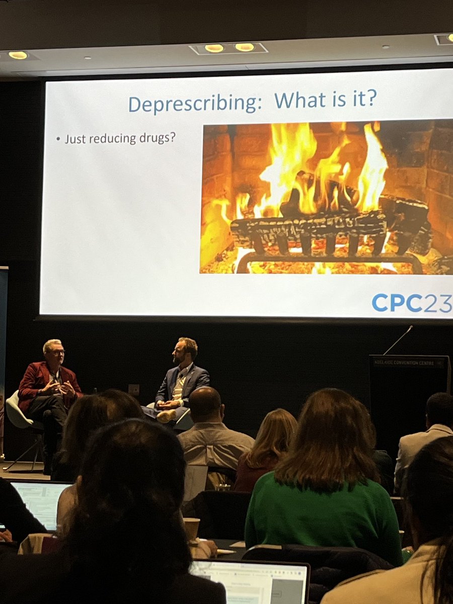mptremlett's tweet photo. Enjoying the fireside chat on deprescribing at #CPC23 in Adelaide, in a packed room of accredited pharmacists. 
‘Studies show that driving the day after taking certain sleeping tablets has the same risk as drink driving’ https://t.co/XjWKmVxVJU