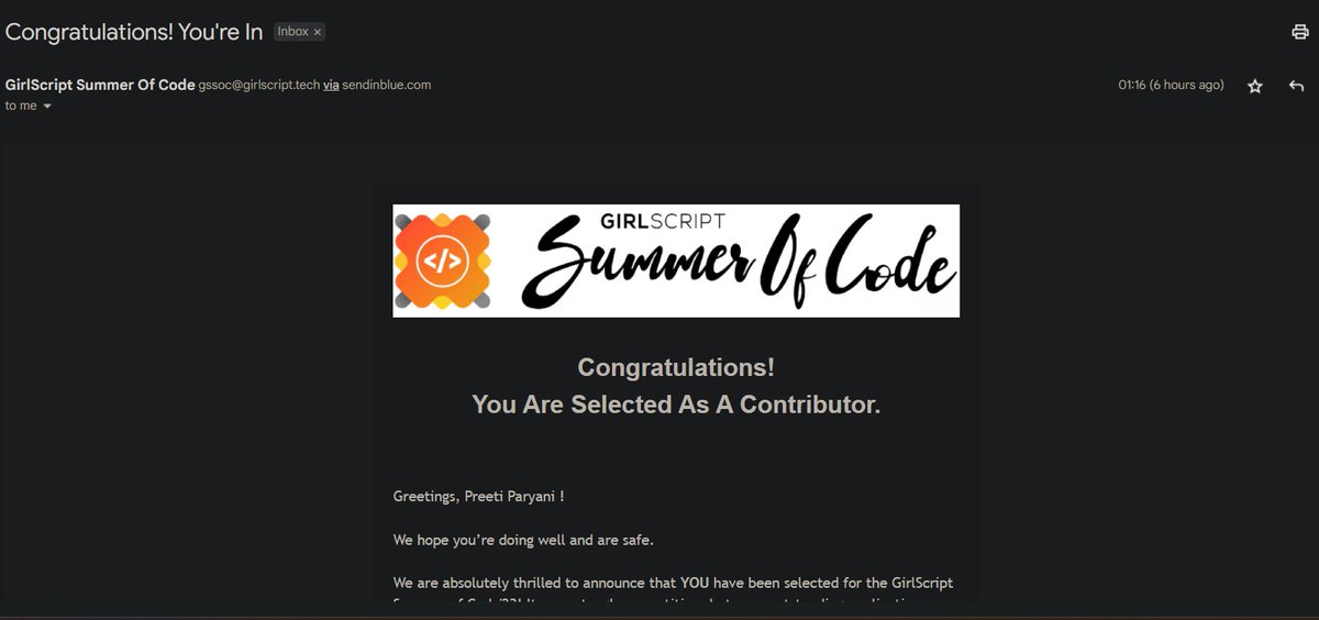 paryani_preeti's tweet photo. Good morning, everyone. Its being good for me as I got selected as a contributor for the @girlscriptsoc. Excited for the journey ahead🚀🚀.
#womenintech #tech #gotselected #100devs https://t.co/cAWf3maFh9