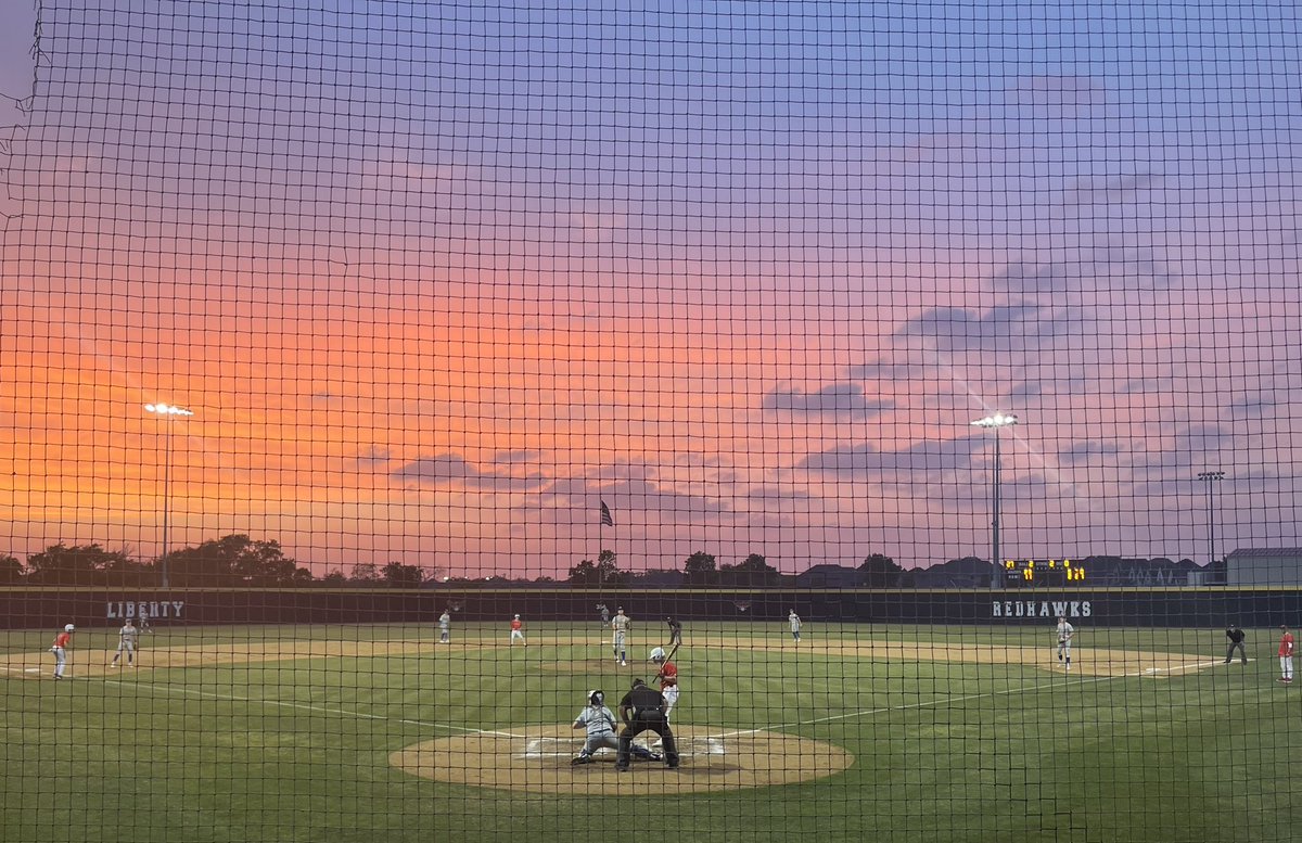 Beautiful sunset. Beautiful field. ⚾️💕🌅 Enjoying a Liberty playoff game. Let’s go Redhawks!! <a href="/rw_weaks2024/">Wes Weaks</a> 
<a href="/LHS_RedhawkBSBL/">Liberty Redhawk Baseball</a> 
<a href="/cheddar_78/">3-0 Slider</a> 
<a href="/mcgarrhs/">Coach McGarrh</a> 
#wfaaweather
