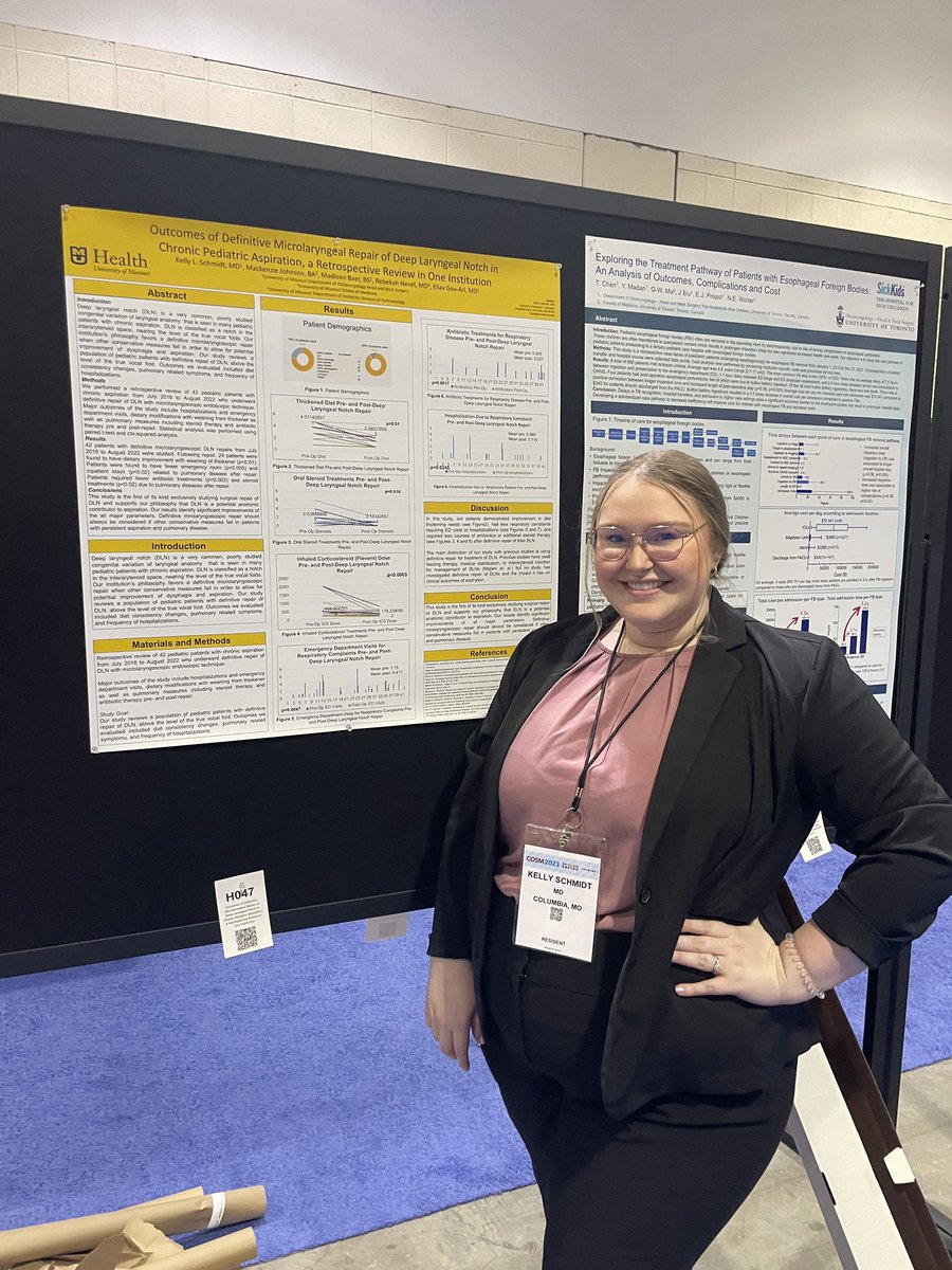 Double take! Dr. Kelly Schmidt makes a splash with 2 poster presentations at the Combined Otolaryngology Spring Meetings. Great work! @__COSM #COSM2023