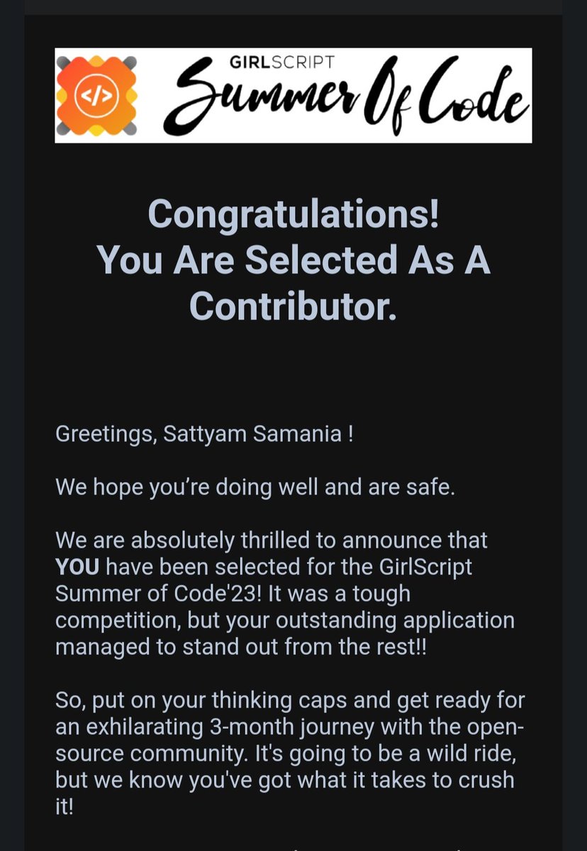 🚀I’m happy to share that I’m starting a new position as a Contributor at GirlScript Summer of Code! 

Thank you @girlscriptsoc and @anubhamane for giving this opportunity to me. Looking forward for making more contributions to the projects.

#opensource  #LearnInPublic