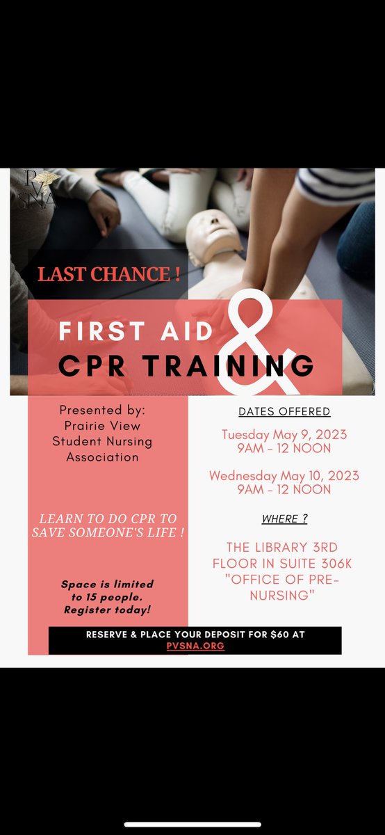 PVSNAMC's tweet photo. Hey panthers, if you missed the previous dates this is LAST chance. Come out and learn to save a life! 💜💛💜💛#cpr #pvamu https://t.co/neFmjUPTXK