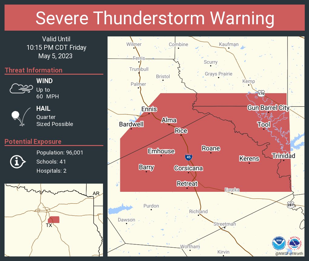 NWS Fort Worth on Twitter "Severe Thunderstorm Warning including Corsicana TX, Ennis TX and Gun