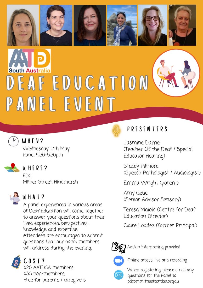 South Australian teachers: fyi, an upcoming event from the Australian Association of Teachers of the Deaf. aatdsa.org.au/may-2023-panel…