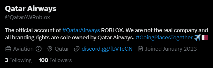 QatarAWRoblox's tweet image. We thank you for a 100 Twitter Followers!

#QatarAirways #QatarAirwaysRoblox #Roblox