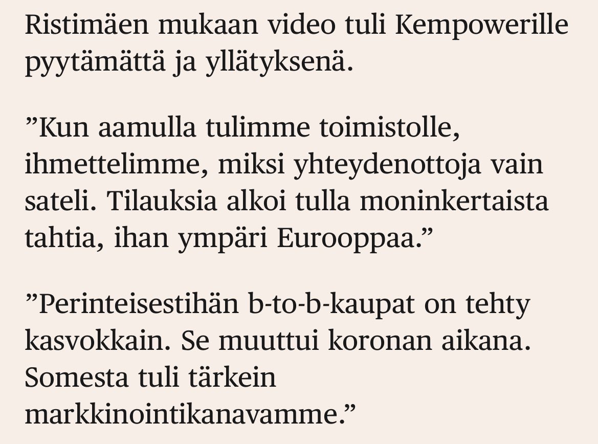 Hienoa Kempower⚡️🔋 Somesta tuli <a href="/BjornNyland/">Bjørn Nyland</a> videon myötä yhtiön tärkein markkinointikanavana. Edelleen muuten monen B2C pörssiyhtiönkään johto ei ymmärrä somen, yhteisön ja osakkeenomistajien verkostojen merkitystä. Täysin alihyödynnettyä Suomessa #sijoittaminen #Kempower