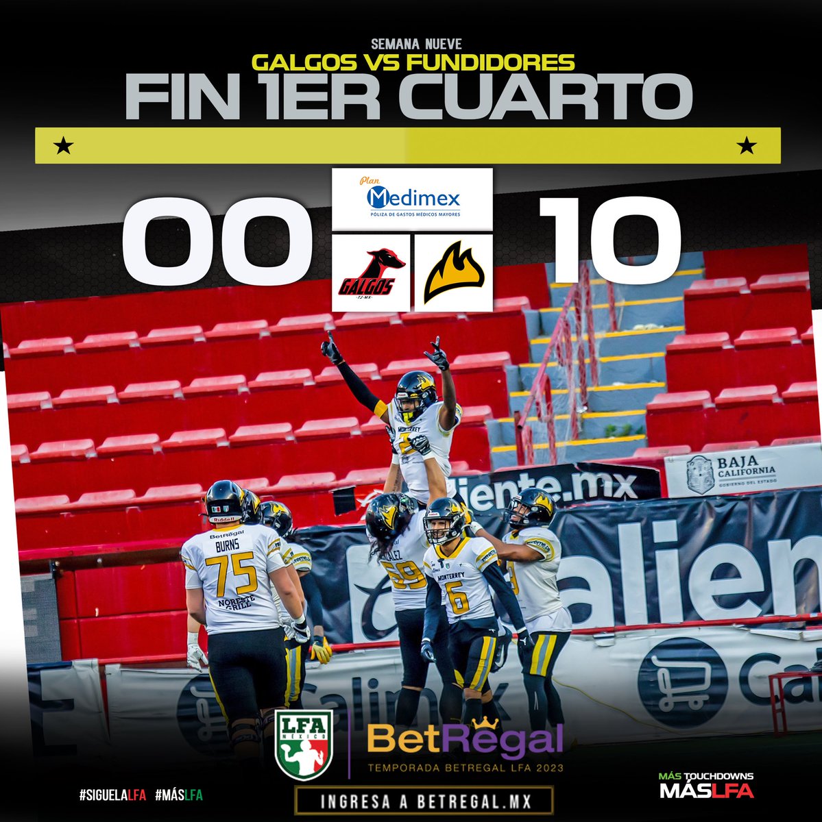 LFA_Mex's tweet photo. #AficiónLFA
.
¡Termina el primer cuarto en el Estadio Caliente!
Los @FundidoresLFA van arriba en el marcador por 10 puntos sobre los @Galgos_LFA pero esto apenas comienza.
.
#SigueLaLFA #MásLFA #VamosGalgos #RunltBack https://t.co/ZhKTmh744q