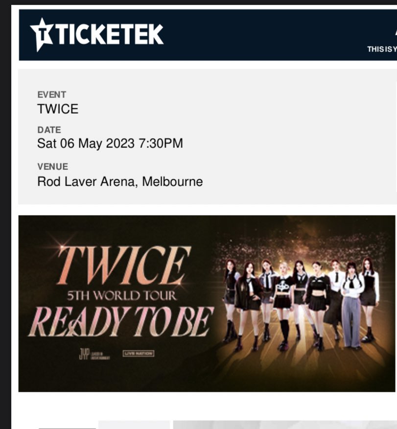 ได้บัตรคอน twice แบบ last minute เลย ราราเต็ม $219 แต่ได้มาราคา $165 ปังไม่ไหว แต่จะเข้างานได้มั้ยรอลุ้นกันอีกที🤣🤣

#TWICE_5TH_WORLD_TOUR #TWICE_MELBOURNE #twice
