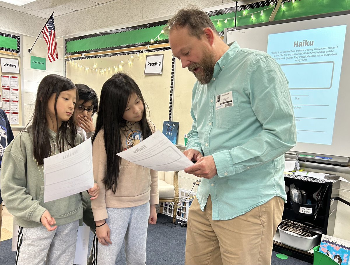MissyMecum's tweet photo. What do I do when there is a one day gap between finishing state and MAP testing, and the start of the new unit? Invite my wonderful and hilarious haiku-writing husband in to teach our #GoldenLearners about haiku &amp; help them write some. It is so fun to create poetry together! https://t.co/TCGPMyXea6