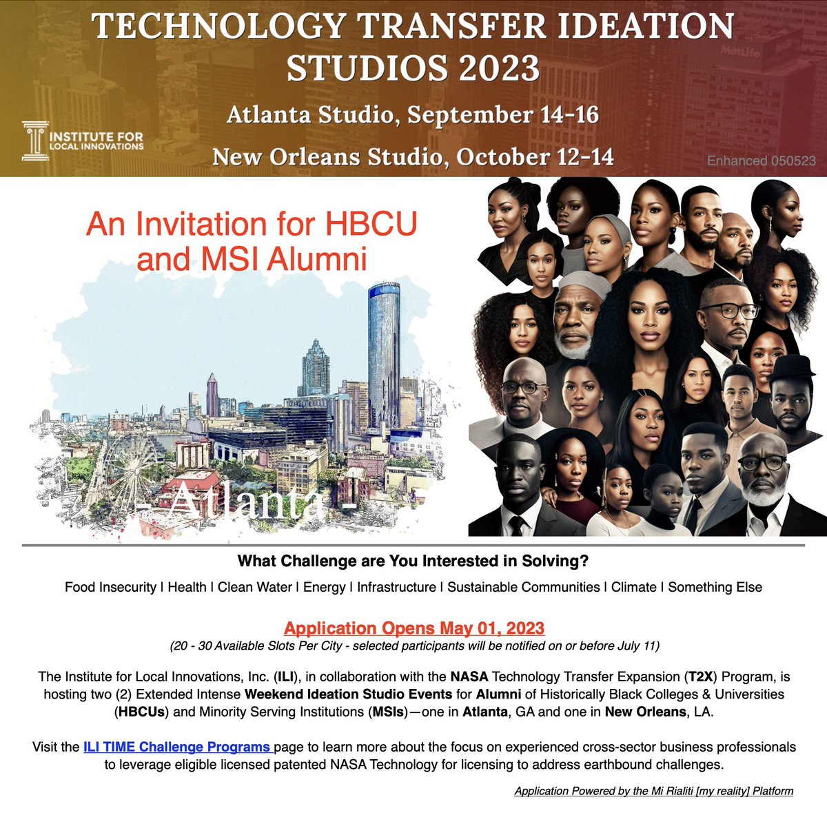 LiqStudios360's tweet photo. 2023 ILI Technology Ideation Studios

ILI is hosting Technology Ideation Studios for NASA T2X Tech Transfer—one in Atlanta and one in New Orleans for Alumni of HBCUs and MSIs. 

The application https://t.co/qepyk0HwBN

#nasa #NASAT2X #atlanta #NewOrleans #techtransfer #ili360 https://t.co/noWqw6f7Yo