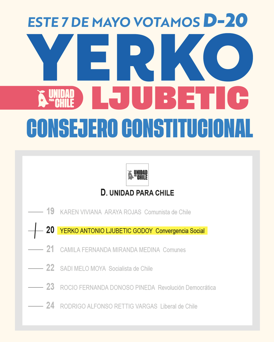 YerkoLjubetic's tweet photo. ATENTI REGIÓN METROPOLITANA 
🗳️ Aquí puedes ver dónde encontrar nuestra candidatura al Consejo Constitucional en la papeleta este 7 de mayo👇🏼

En la Lista D "Unidad para Chile", soy el segundo D20, Yerko Ljubetic. Este 7 de mayo, #MuéveteXChile 🛵 https://t.co/zOsddtByKS