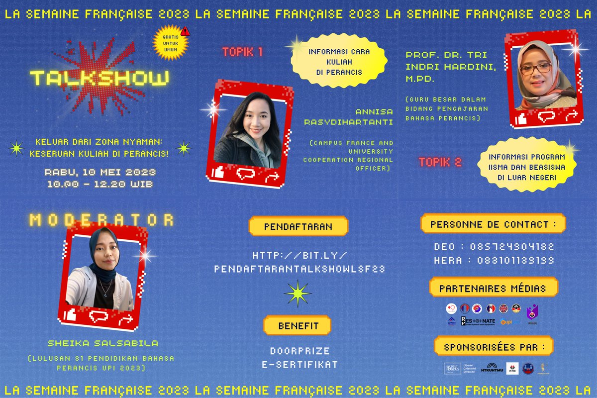 LSF_UPI2023's tweet photo. [TALKSHOW LA SEMAINE FRANÇAISE 2023]

Bonjour à tous ! ✨

Kuliah di luar negeri menjadi impian bagi banyak orang, terutama bagi mereka yang ingin mengeksplorasi dunia dan memperluas wawasan serta pengalaman hidup. https://t.co/aPlYsaLVi2