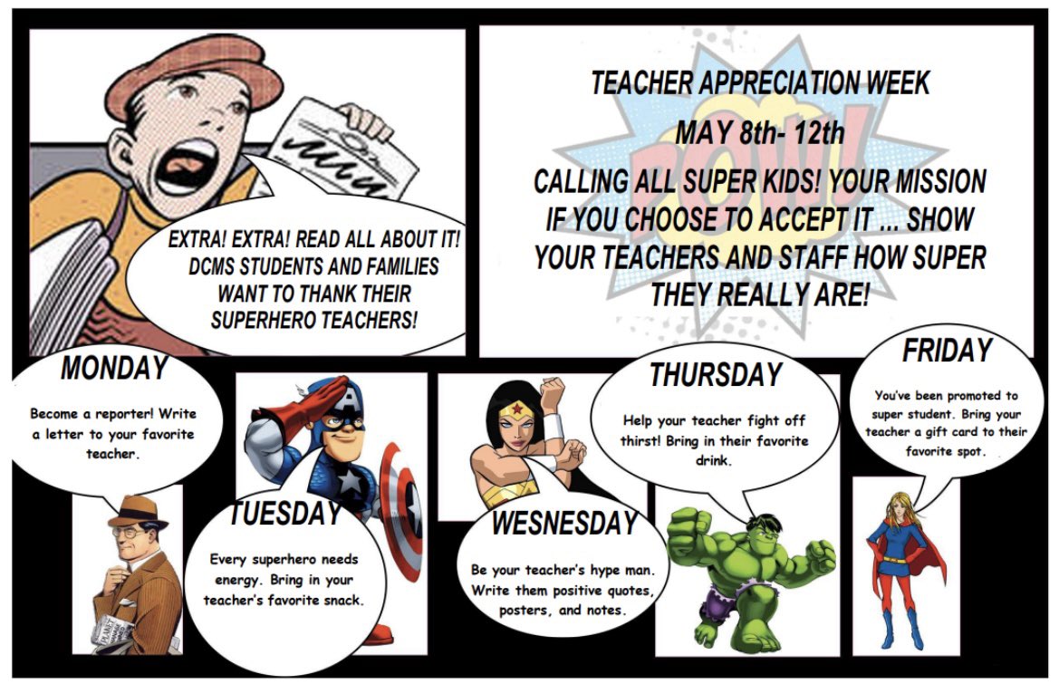 DCMSMavericks's tweet photo. Next week, May 8-12, we are celebrating Teacher Appreciation Week for our awesome @DCMSMavericks Teachers &amp; Staff! Mavericks, please show them how much they are appreciated and valued! #TeacherAppreciationWeek https://t.co/4PxQgvrEVa