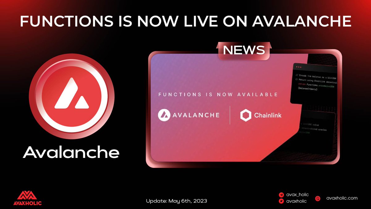 avaxholic's tweet photo. .@chainlink functions are now live on Avalanche Fuji, unlocking seamless integration of the world's APIs to Web3.

Developers on Avalanche can now create advanced applications that are integrated with real-world data, such as market trends, events, and weather conditions.

#AVAX https://t.co/lTpRWNudKF