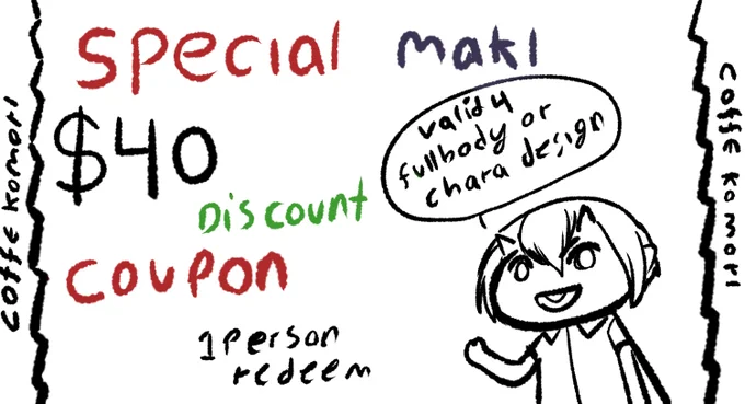 Hi, an especial discount for may on my comission will be held, Maki (one of my first oc) throw some coupon,  to redeem them send me a screenshot of the coupon. So if any vtuber want a character design or anyone looking for an illustration.  #commissionsopen #artcommission