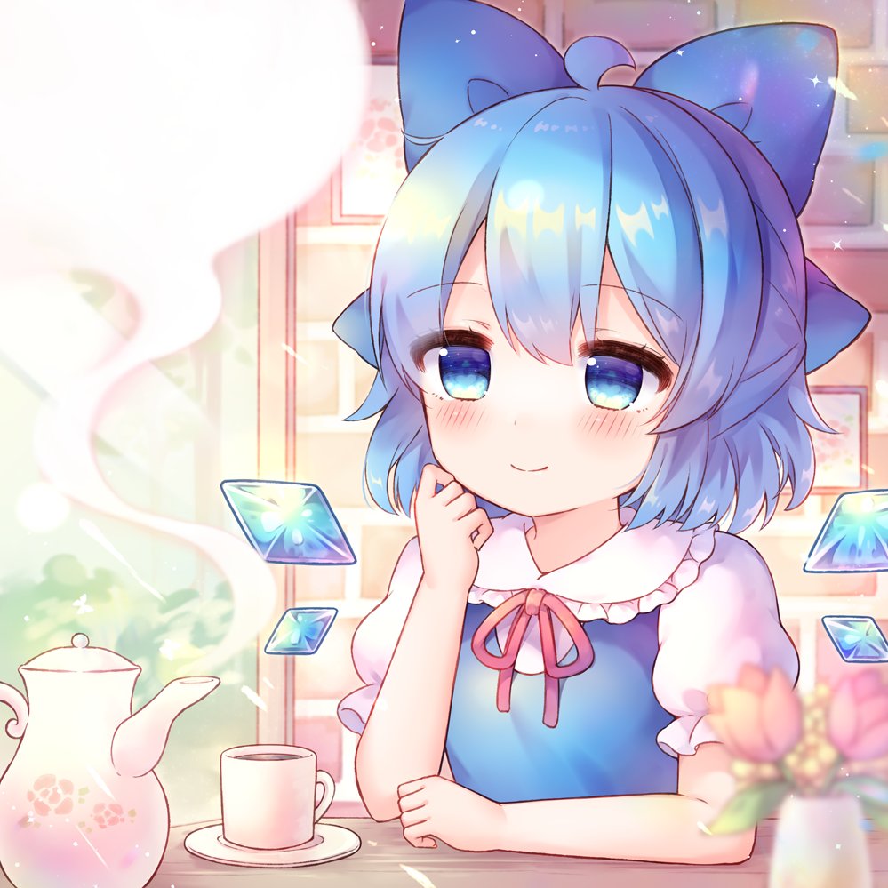 cirno 1girl blue eyes solo wings blue hair flower bow  illustration images