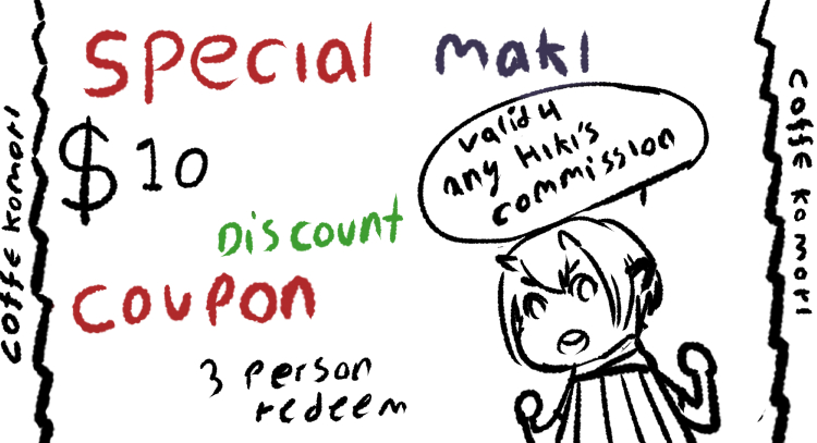 Hi, an especial discount for may on my comission will be held, Maki (one of my first oc) throw some coupon,  to redeem them send me a screenshot of the coupon. So if any vtuber want a character design or anyone looking for an illustration.  #commissionsopen #artcommission