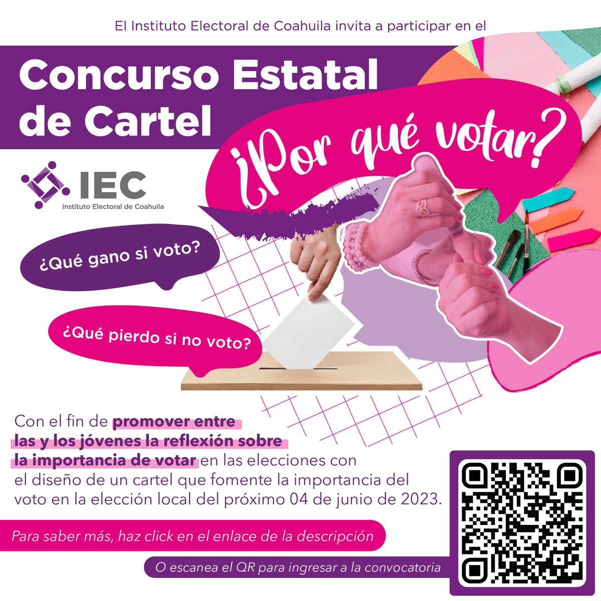 IEC_Coahuila's tweet photo. #IECInvita |
🖍️ Representa gráficamente mensajes que promuevan la importancia del ejercicio del voto en estas elecciones y ten la oportunidad de ganar. 
Participa en el Concurso Estatal de Cartel ¿Por qué votar? 

👉Consulta más en: https://t.co/1ulwR4khH4 https://t.co/3RJ5g8AK8t
