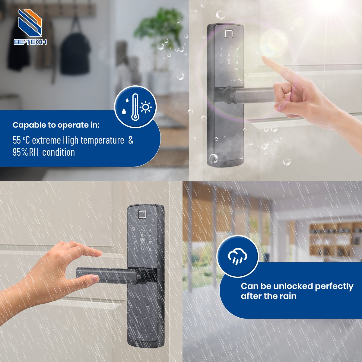 BetechSecurity's tweet photo. Be-Tech's K5FMT and K6FMT smart locks are designed to extreme temperatures and high humidity levels.
For more information, please visit Be-Tech's website at https://t.co/D67S0MIjso or contact export@be-tech.com.cn.
#SmartDoorLock #digitallocks #electroniclock #BeTech #OEM #ODM https://t.co/W80c9sYVVm