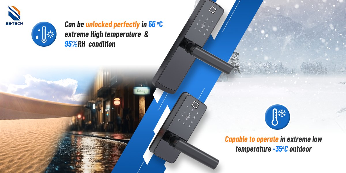 BetechSecurity's tweet photo. Be-Tech's K5FMT and K6FMT smart locks are designed to extreme temperatures and high humidity levels.
For more information, please visit Be-Tech's website at https://t.co/D67S0MIjso or contact export@be-tech.com.cn.
#SmartDoorLock #digitallocks #electroniclock #BeTech #OEM #ODM https://t.co/W80c9sYVVm