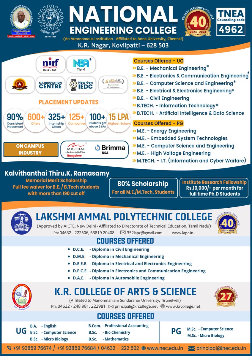 Visit NEC Feel NEC Join NEC
#ThinkEEEthinkNEC #necplacement #NECAlumni #Nationalengineeringcollege #engineeringcollege #kovilpatti #tuticorin #tirunelveli #kanyakumari #virudhunagar #madurai #chennai #tamilnadu #engineeringadmissions #engineeringadmissions2023 #placement2023