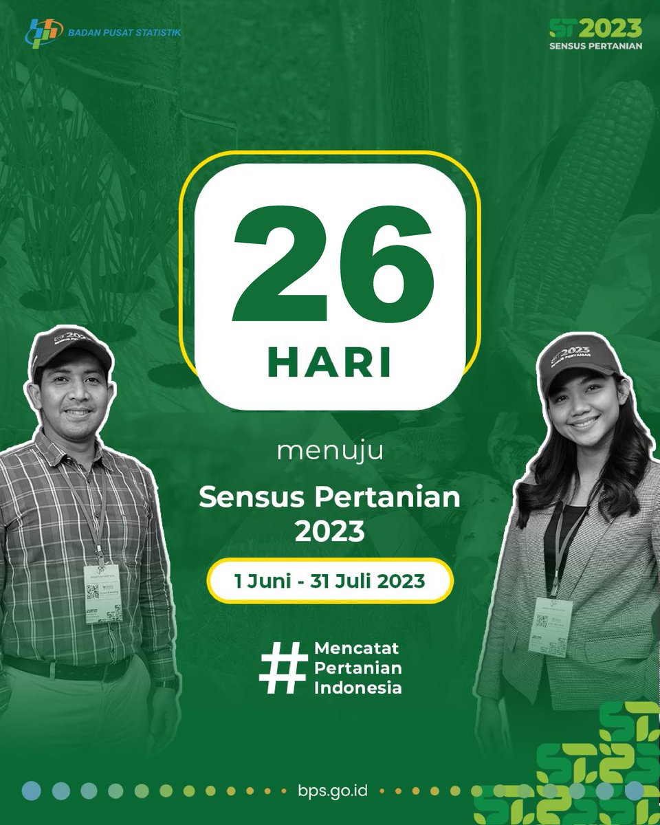 bps_banten's tweet photo. 26 Hari Jelang Sensus Pertanian 2023

Tunggu ST2023, 26 hari lagi! Mencatat Pertanian Indonesia untuk Kedaulatan Pangan dan Kesejahteraan Petani.

#CintaData #MenujuST2023 https://t.co/0pb6w3Az6Z