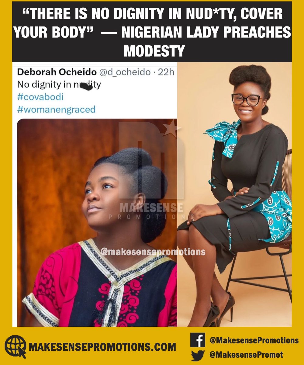 makesensepromot's tweet photo. "There is no dignity in nud*ty.
Cover your body" - Nigerian lady says as she shows off her natural and beautiful look.
#makesensepromotions #makesensepm #covabodi #modesty https://t.co/DseGZI2mdJ