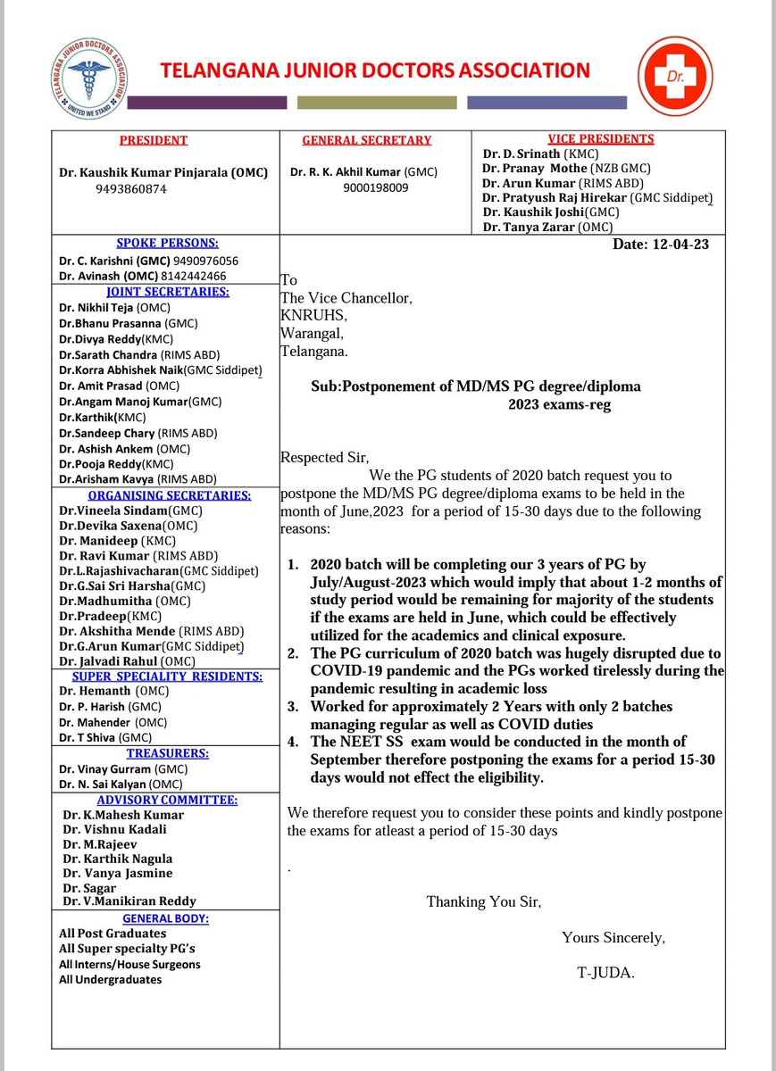 worldofsurgeon's tweet photo. @KTRBRS @BRSHarish @KTRoffice @TelanganaHealth Sir Please consider request of PG 2020 Batch regarding postponing Final exams for 15 days. Other state universities have all responded positively(including YSRUHS) No response from #knruhs since one month #postponePgFinalexams #tjuda https://t.co/E8LoNMLAzC