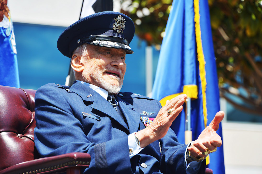 USSF_SSC's tweet photo. Space pioneer, legend &amp; now official @SpaceForceDoD Guardian @TheRealBuzz was officially promoted to Brigadier General by SSC Commander Lt Gen Michael Guetlein during a ceremony at Los Angeles Air Force Base. Congratulations to Brig Gen Aldrin! Read more: https://t.co/w8Vlg8MSoV https://t.co/yHVpGGMcec