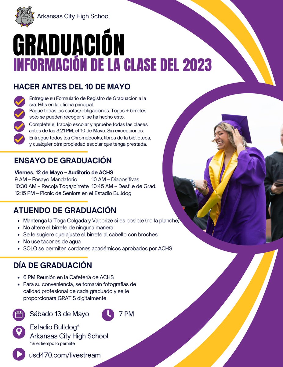 Atención personas mayores, familiares y amigos: ¡Ya casi es hora de celebrar todo su arduo trabajo!  Lea atentamente estas publicaciones para prepararse para este día monumental. #BulldogPROUD!