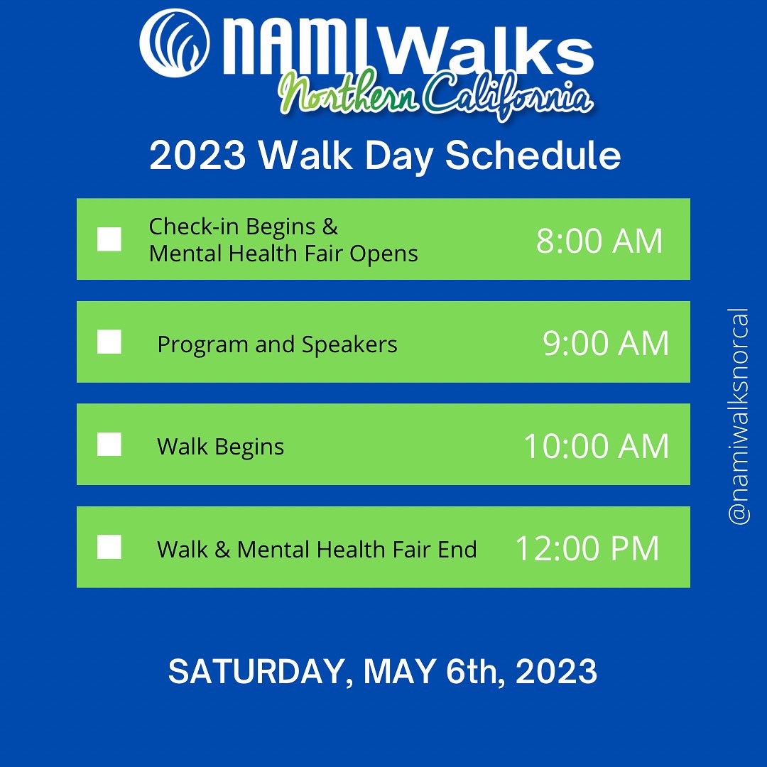 Here is the schedule for tomorrow’s event! Check-in begins at 8am, and we encourage you to register ahead of time online at NAMIWalks.org/NorthernCalifo… if possible. For parking information and other FAQ’s, please visit namiwalks.org/index.cfm?fuse….

#namiwalksnorcal #sacramento