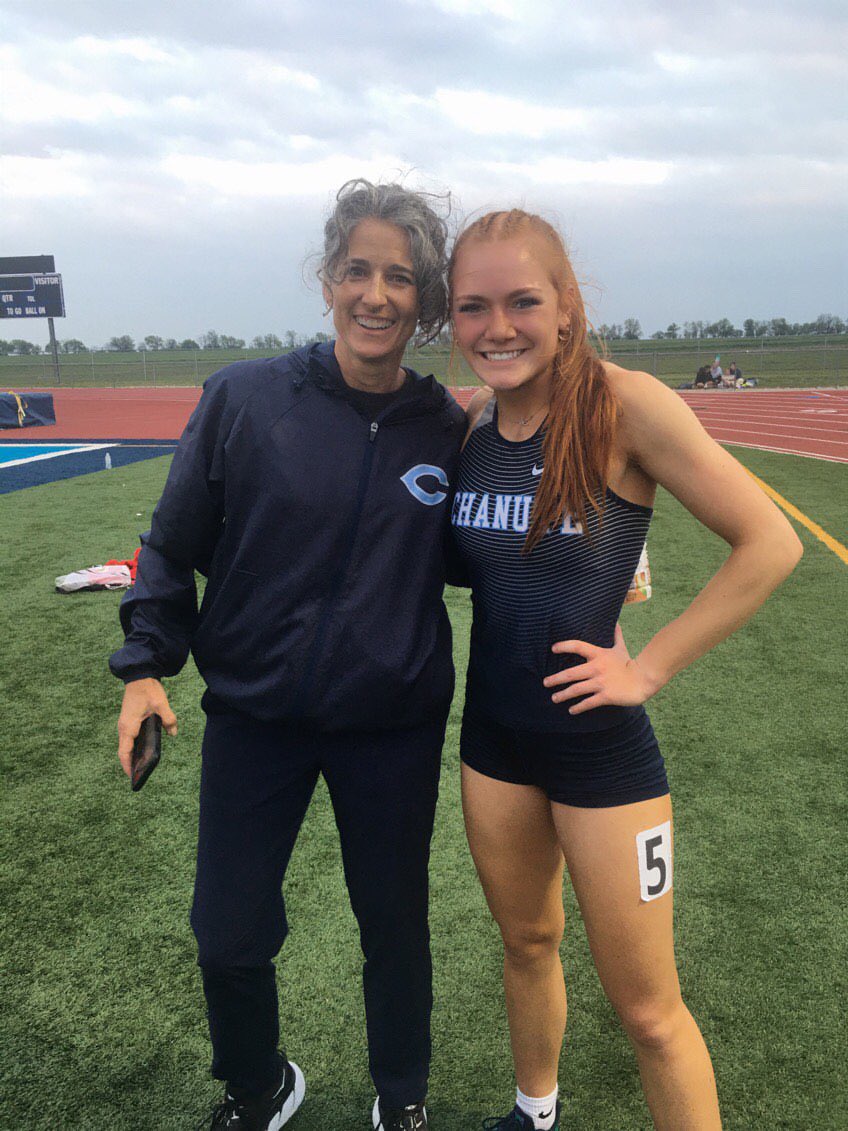Kynleigh Chard, junior at Chanute (4A), broke the school record tonight (47.1) at the Chanute Thad Clements meet in the 300m hurdles. Pictured with the 1991 record holder Angie Stanley. #sportsinkansas