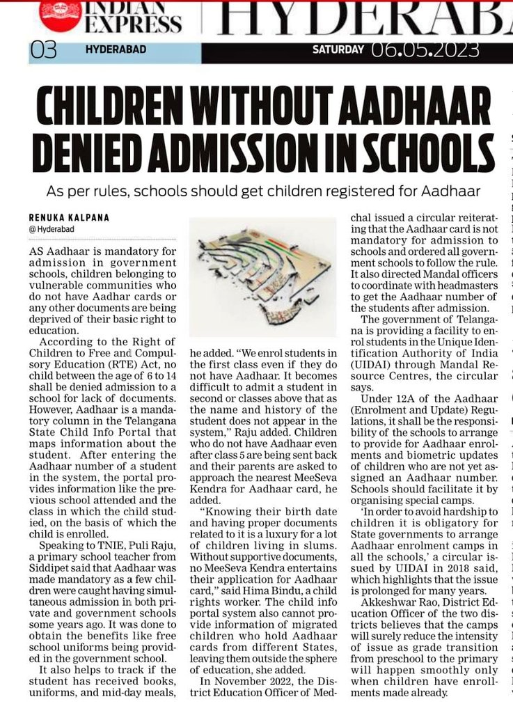 Although admission to govt schools in #Medchal doesn't require an Aadhar, many children face hurdles in enrolling due to lack of supporting docs. To address this issue, special #Aadhar drives should be conducted within #schools &amp; #Anganwadis during admissions, atleast twice a yr.