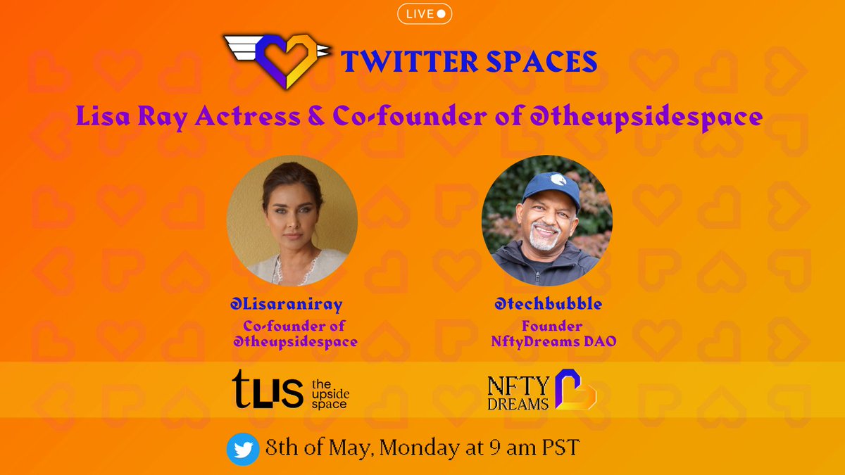 🚀 Join us this Monday, May 8th at 9 AM PST! @NftyDreams is hosting an exclusive Twitter Space event with <a href="/Lisaraniray/">Lisa Ray</a> the co-founder of <a href="/TheUpsideSpace/">TheUpsideSpace</a>! Join <a href="/techbubble/">Nik Kalyani - Freedom for Iran</a> for an insightful conversation on empowering artists in the digital age. #NftyDreamsSpotlight 🎉