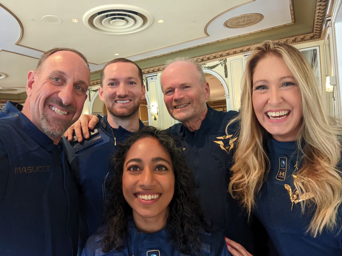 Happy #NationalAstronautDay to my treasured #VF01 and #Unity22 crew mates and coworkers. You rock! Couldn’t have been more humbled to fly with you.

L to R: Michael Masucci, Colin Bennett, Sirisha Bandla, Dave Mackay, and yours truly. Photo credit Masucci.