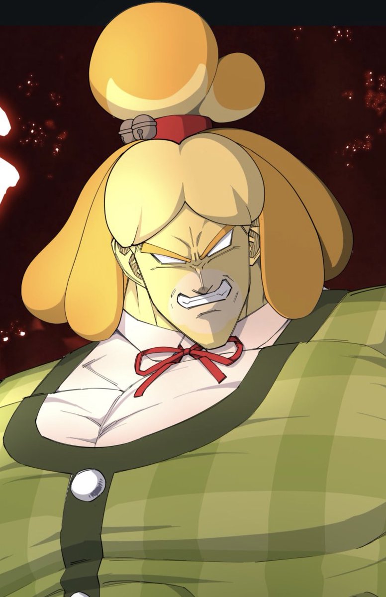 isabelle (animal crossing) solo muscular shirt blonde hair hair ornament teeth topknot  illustration images