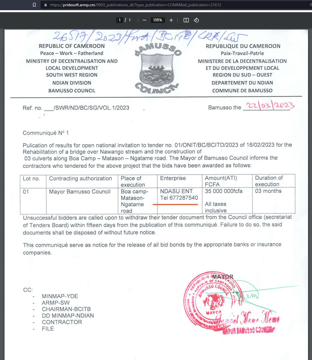 tassingremi's tweet image. Hier j'ai demandé si vous voyiez le problème. Observez bien les téléphones sur l'Appel d'Offre et le communiqué d'attribution. C'est le même 
Tel: 677287540!
La mairie de BAMUSSO et son maire, MEME MEME SAMUEL, octroient un marché à une entreprise qui répond à leur téléphone

1/4