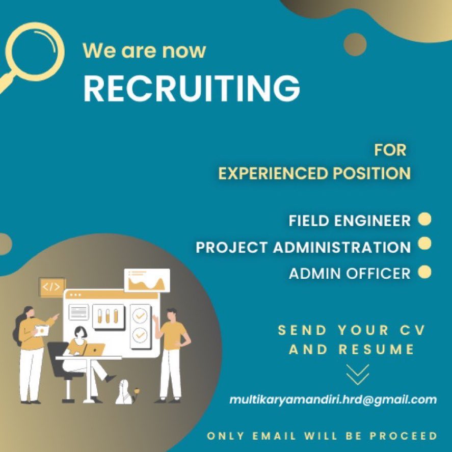 Kami membuka lowongan kerja 2023, kirimkan Surat Lamaran &amp; CV melalui email multikaryamandiri.hrd@gmail.com 

#LOKERBDG #LOKER #LOWONGANKERJA #AdminOfficer #ProjectAdmin #FieldEngineer #LowonganTeknik